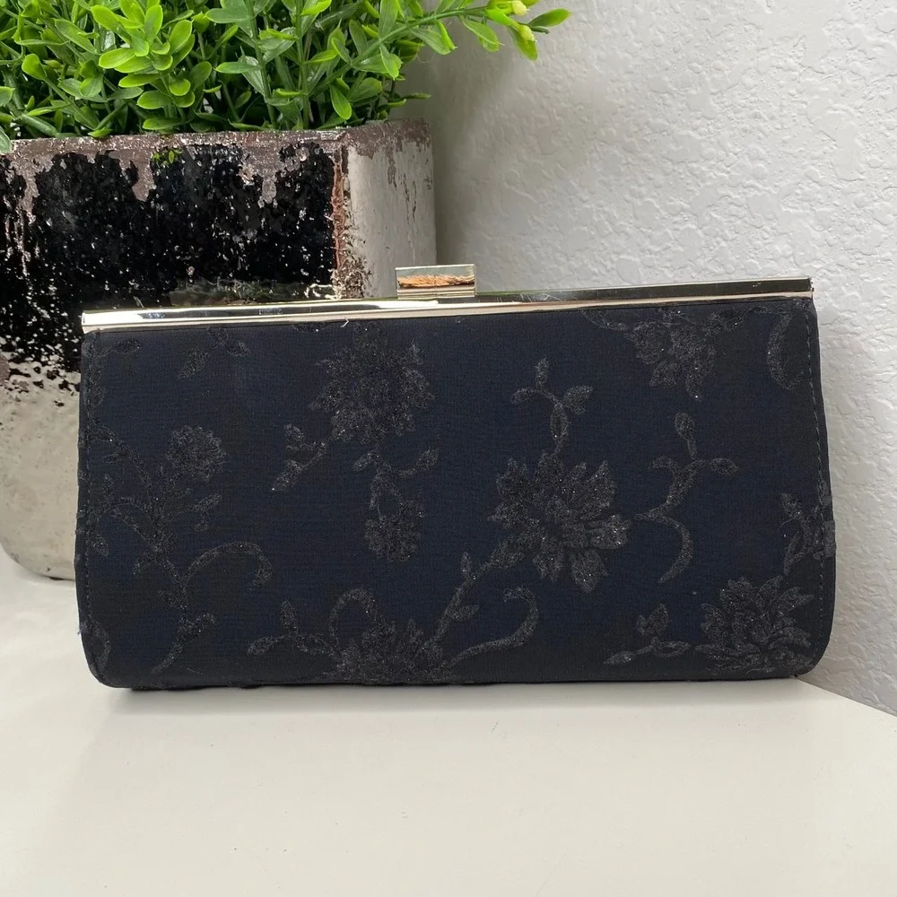 Liz Claiborne Black Floral Glitter Evening Clutch Crossbody Bag Silver‎ Hardware